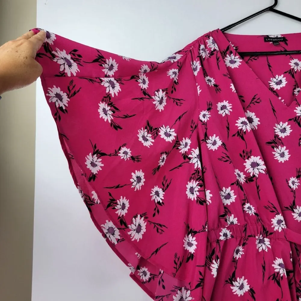 Lane Bryant Blouse Women 26/28 Pink Floral Print Bat Flared Sleeve Kimono Belted - Picture 8 of 14